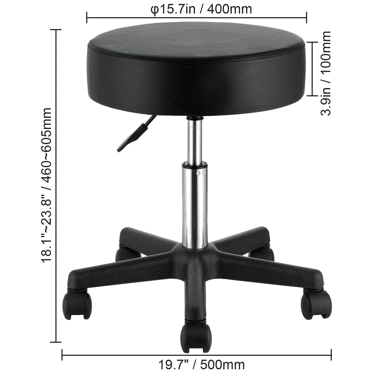 VEVOR Rolling Stools With Wheels, 400 LBS Weight Capacity Adjustable Height Stool With Ultra Thick Seat Cushion, Swivel Stools Chair For Salon, Bar, Home, Office, Tatoo, Medical, Massage, Black
