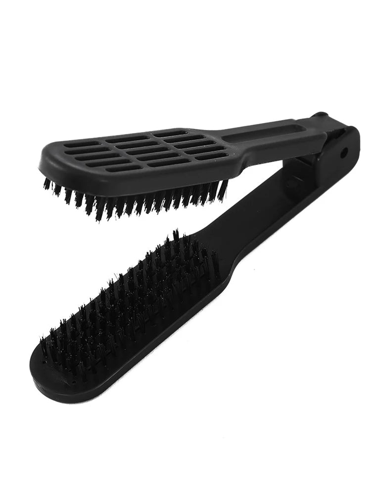 Pro Hairdressing Straightener Hairbrush Nylon Hair Straightening Double Brushes V Shape Comb Clamp Styling Tools DIY