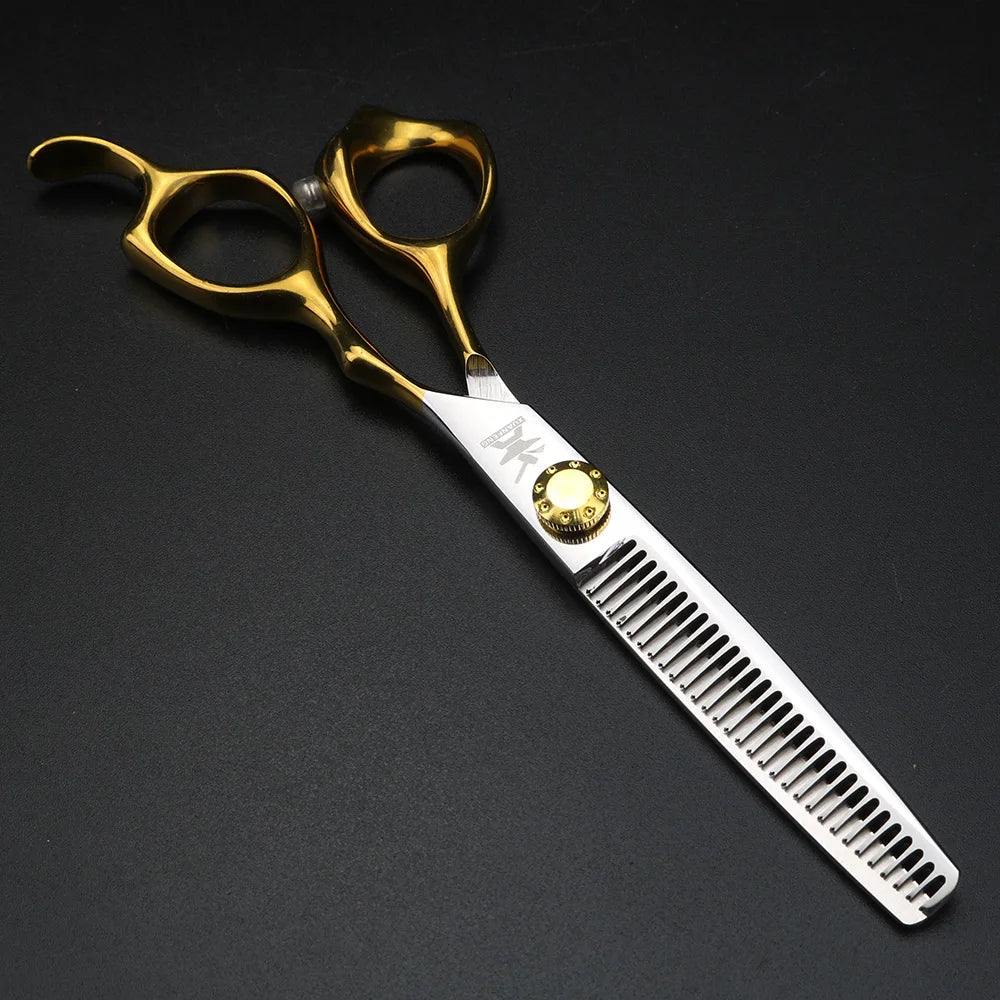 XUANFENG Gold Handle Hair Scissors 9cr18 Steel Gold Screws 6-inch Barber Cutting Scissors and Thinning Scissors Set