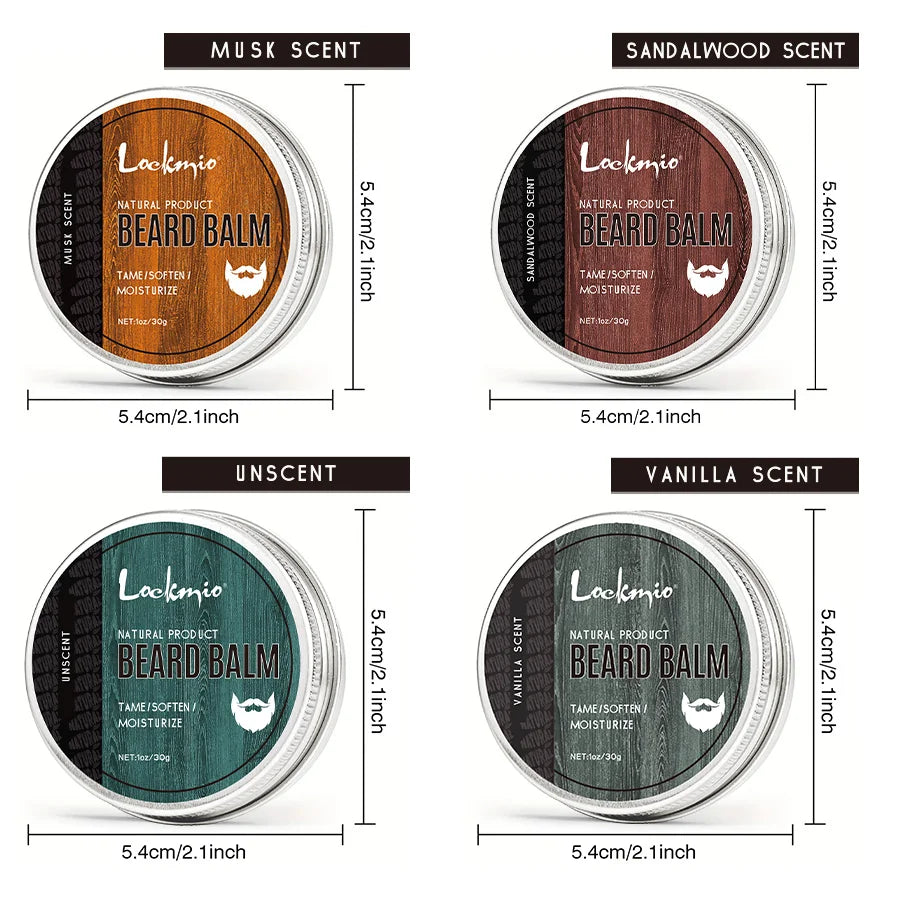 LOCKMIO Natural Shea Butter Beard Blam Wax 4pcs Set Moisturizing Smoothing Soften Styling Professional Beard Care Cream