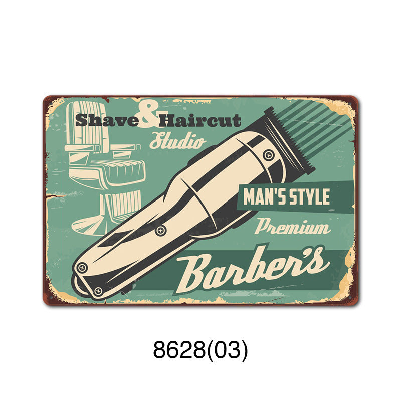 New barbershop Retro tin Painting Barbershop Background Wall Frameless Decorative Painting