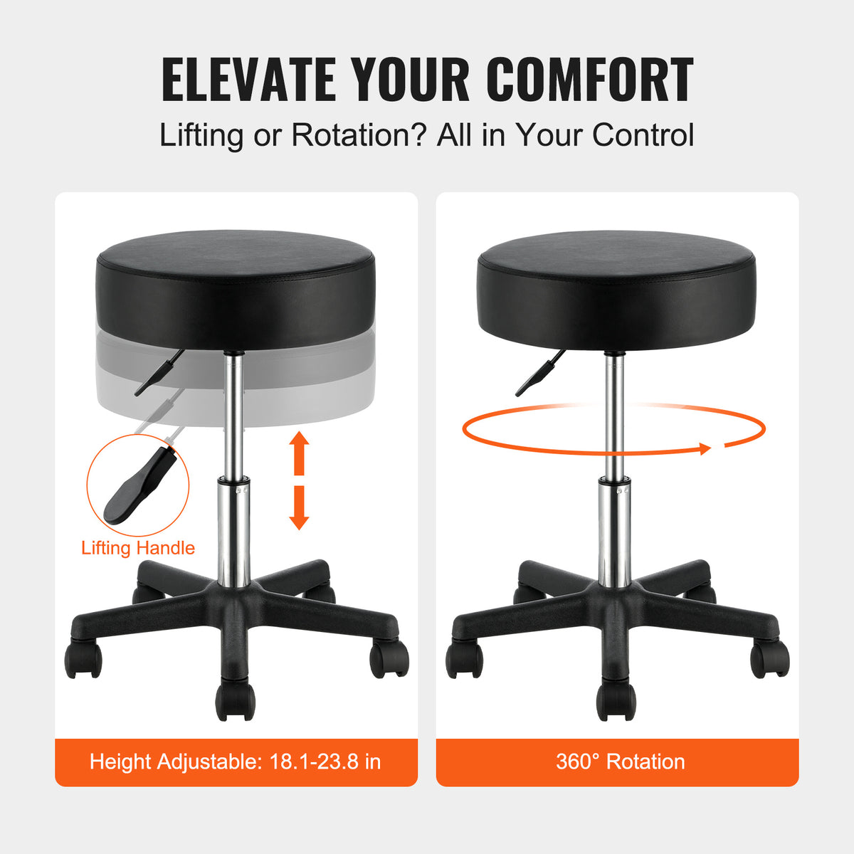 VEVOR Rolling Stools With Wheels, 400 LBS Weight Capacity Adjustable Height Stool With Ultra Thick Seat Cushion, Swivel Stools Chair For Salon, Bar, Home, Office, Tatoo, Medical, Massage, Black