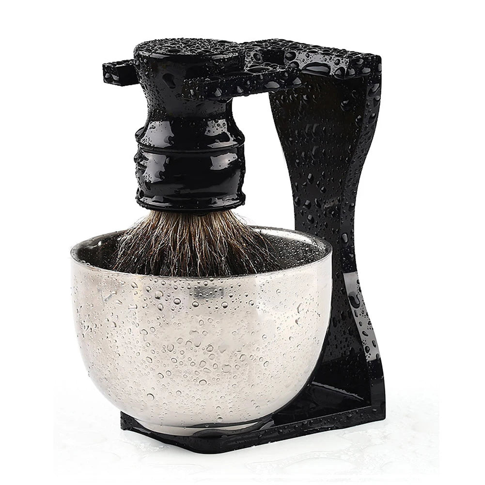 3in1 Shaving Brush Stand Bowl Set, Barber Shaving Brush Badger Hair,Black Acrylic Stand, Bowl Set for Men Wet Shave Gift