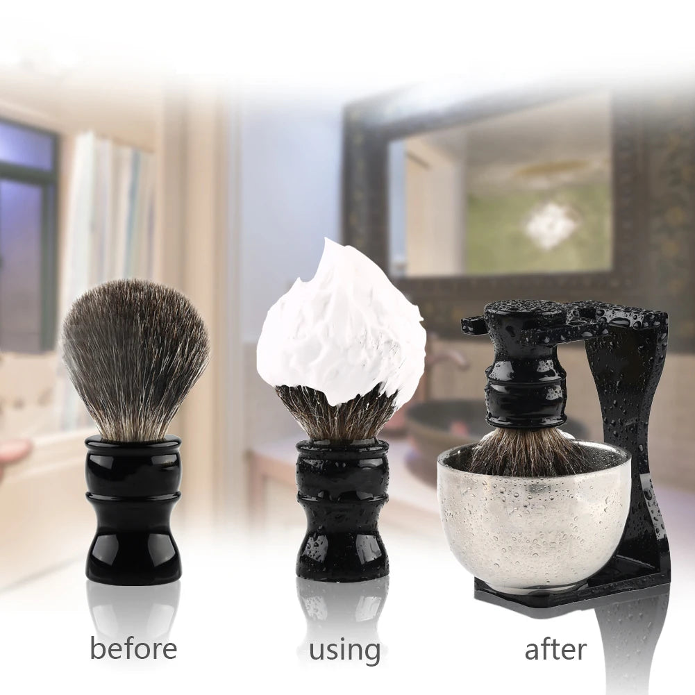 3in1 Shaving Brush Stand Bowl Set, Barber Shaving Brush Badger Hair,Black Acrylic Stand, Bowl Set for Men Wet Shave Gift