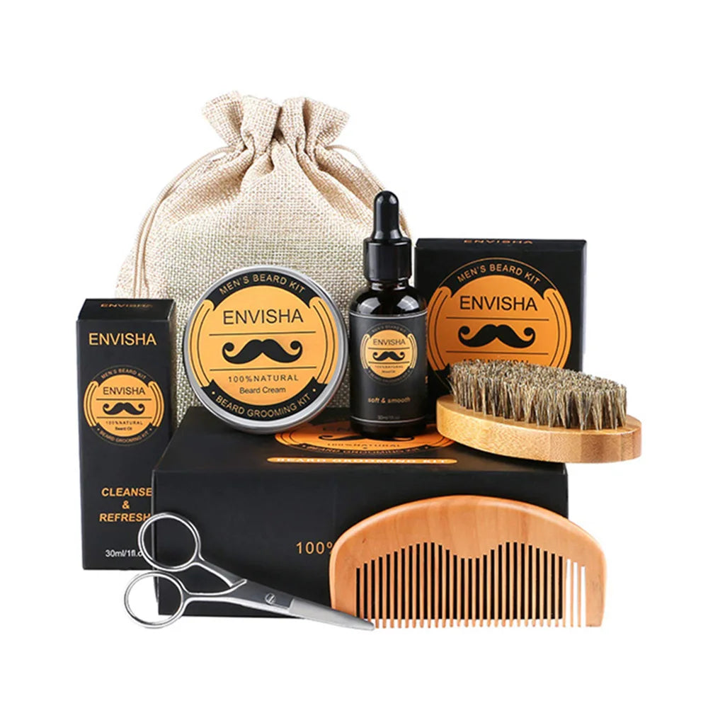 5Pcs/Set Men Beard Grooming Kit 5-in-1 Mustache & Beard Styling Tools Beard Oil Beard Balm Beard Brush Beard Scissors Men Gift
