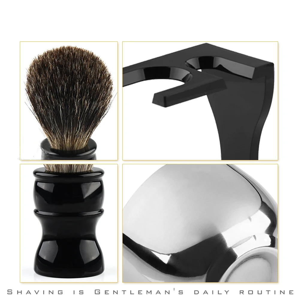 3in1 Shaving Brush Stand Bowl Set, Barber Shaving Brush Badger Hair,Black Acrylic Stand, Bowl Set for Men Wet Shave Gift