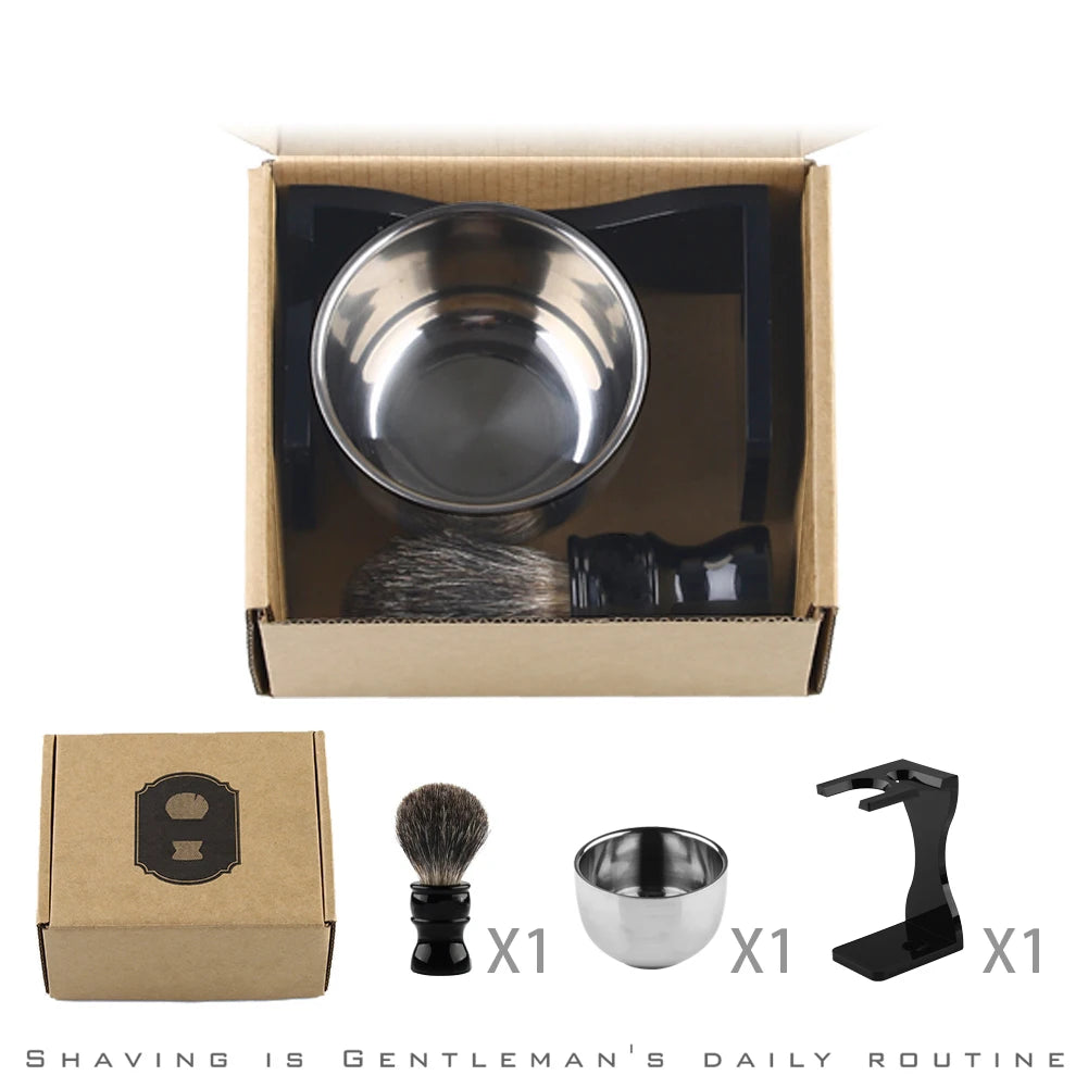 3in1 Shaving Brush Stand Bowl Set, Barber Shaving Brush Badger Hair,Black Acrylic Stand, Bowl Set for Men Wet Shave Gift