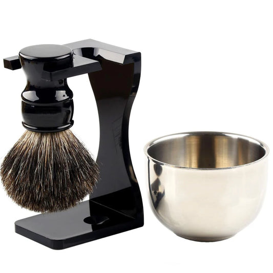 3in1 Shaving Brush Stand Bowl Set, Barber Shaving Brush Badger Hair,Black Acrylic Stand, Bowl Set for Men Wet Shave Gift