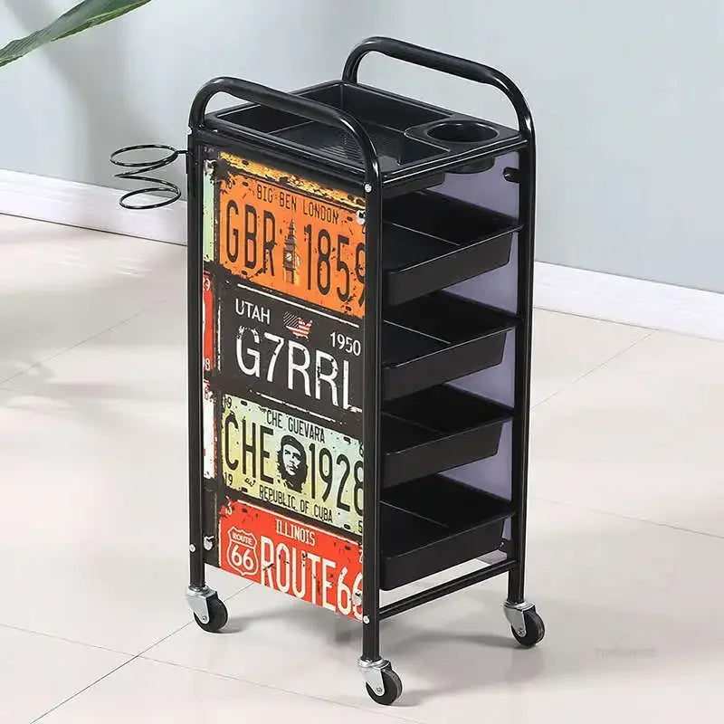 Retro Iron Salon Trolleys Nordic Beauty Salon Drawers Cart With Wheels Creative Hair Salon Perm And Dye Tool Cart