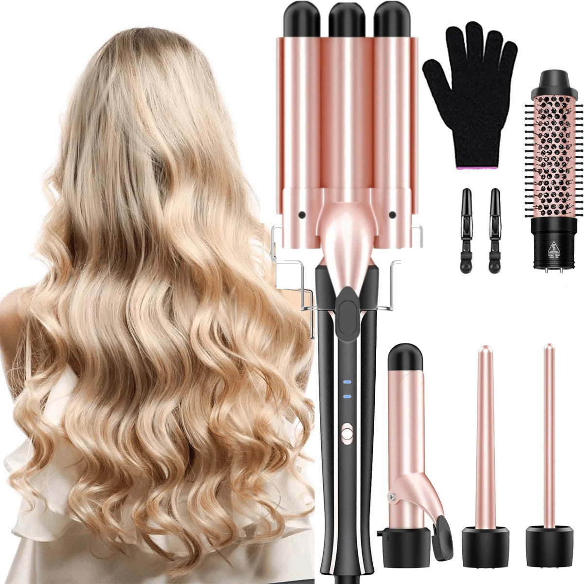 5 in 1 Curling Iron Set with Curling Brush, 0.35”-1.25” Hair Curler Wand for Hairstyle and Heat Resistant Gloves and Hair Clips