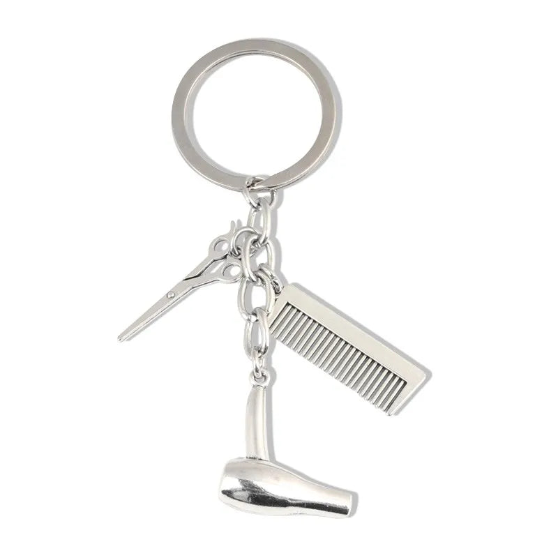 Alloy Comb Scissors Hair Dryer Keychain Sliver Gold Color Key Ring For Women Men Barber Friends Good Gift Handmade Jewelry Set