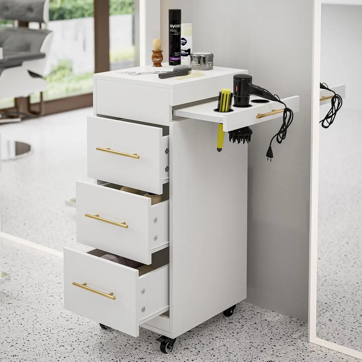 Salon Trolley, Rolling Hair Cart with 3 Dryer Holders for Hair Stylist, Makeup Organizer Stations Cabinet for Beauty Barbershop