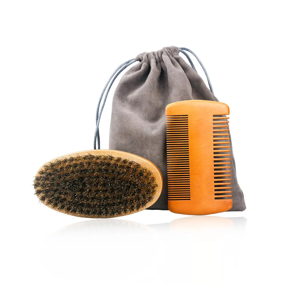 Boar Bristle Wood Beard Brush Hairdresser Shaving Tools Men Mustache Comb With Gift Bag Barber Beard Grooming Set Hair Comb Kit