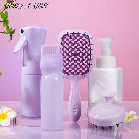 4pcs set Scalp Massage Comb Purple Hollow Out Comb Shampoo Massage Brush Bath Hair Washing Spray Bottle Salon Hairdressing Tools