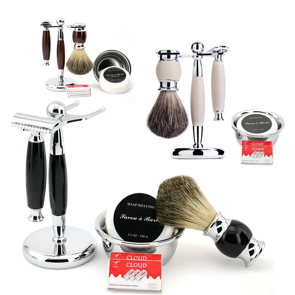 6pcs/kit Men Shaving Brush Holder Safety Razor Soap Bowl Set Metal Spray Paint Blue/Wooden/Ivory Barber Classic Grooming Gift