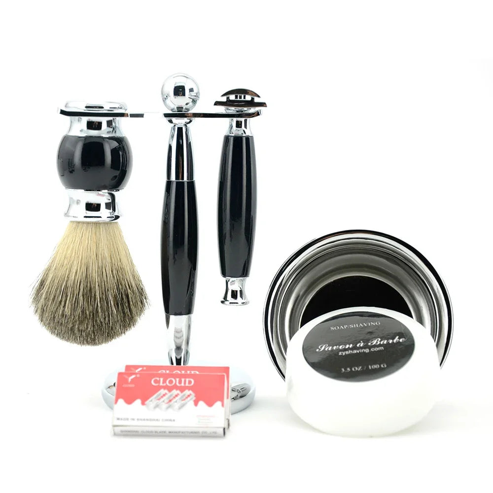 6pcs/kit Men Shaving Brush Holder Safety Razor Soap Bowl Set Metal Spray Paint Blue/Wooden/Ivory Barber Classic Grooming Gift
