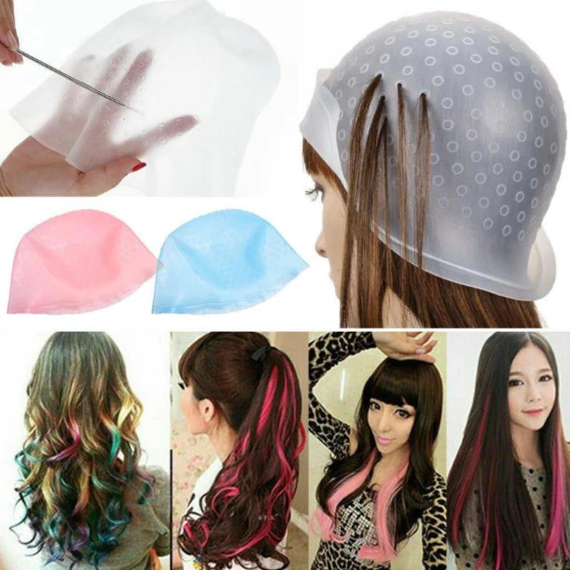 1 Pc Silicone Hair Highlights Cap With Needle Reusable Hair Coloring Cap Hair Dye Hat Hair Styling Tools Barber Accessories