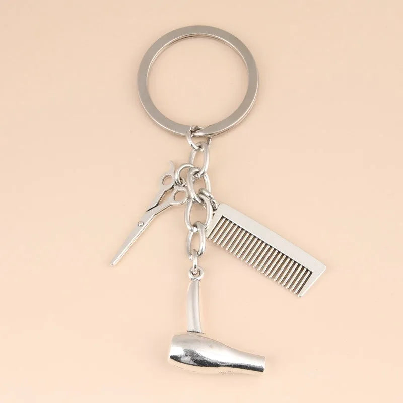 Alloy Comb Scissors Hair Dryer Keychain Sliver Gold Color Key Ring For Women Men Barber Friends Good Gift Handmade Jewelry Set