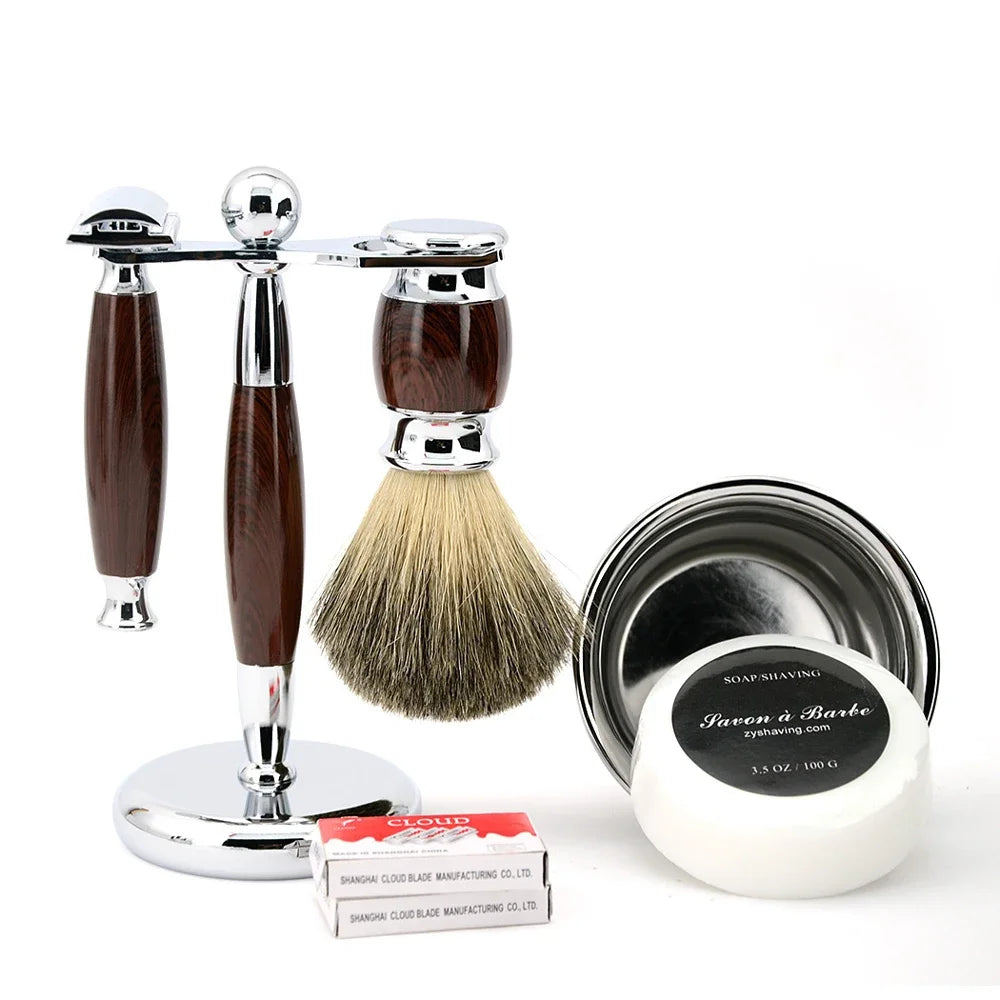 6pcs/kit Men Shaving Brush Holder Safety Razor Soap Bowl Set Metal Spray Paint Blue/Wooden/Ivory Barber Classic Grooming Gift