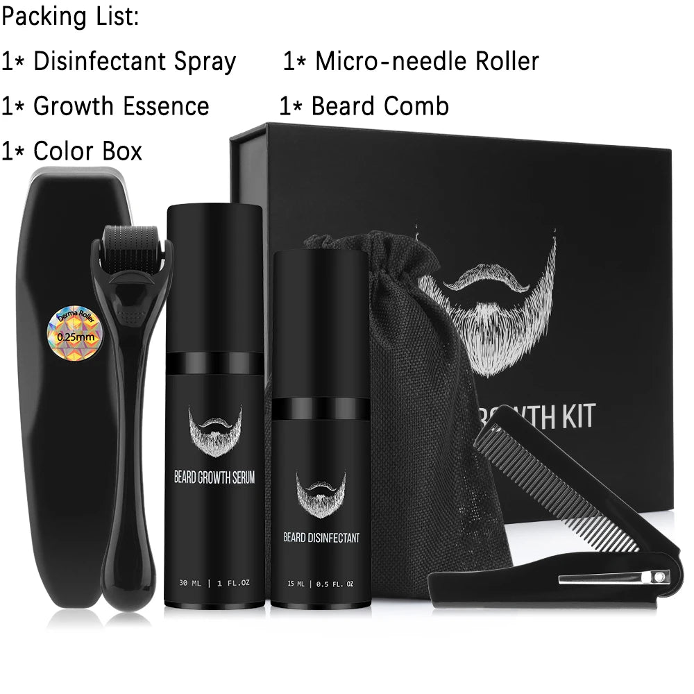 Beard Growth Kit Barber Hair Growth Enhancer Set Oil Serum Nourishing Essential Facial Care Kit Men Titanium Roller Balm Comb