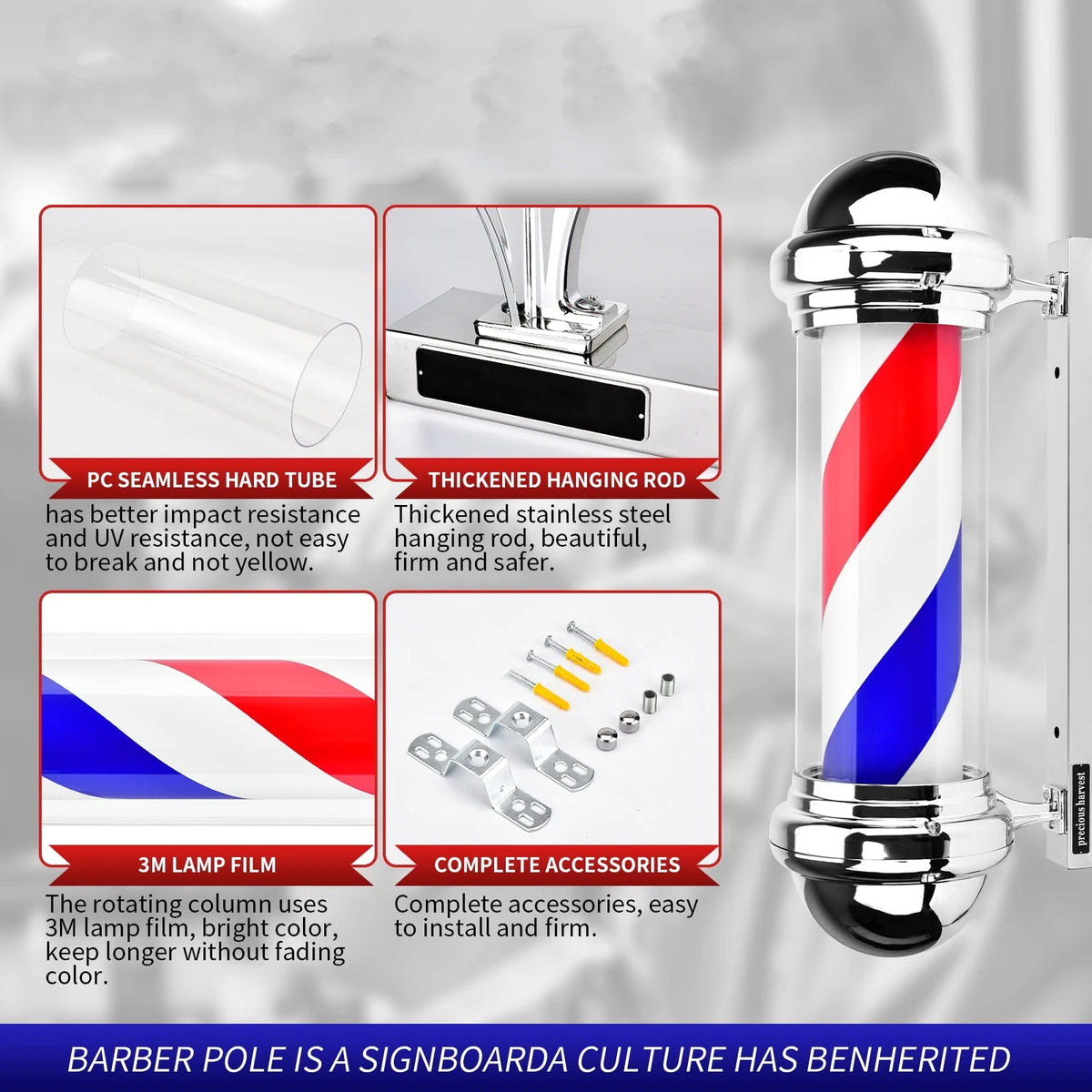 Barber Light Pole Wall Mount LED Light 22.8 Inch Barbershop Rotating Light Fixture Classic Signs for Hair Salon Use