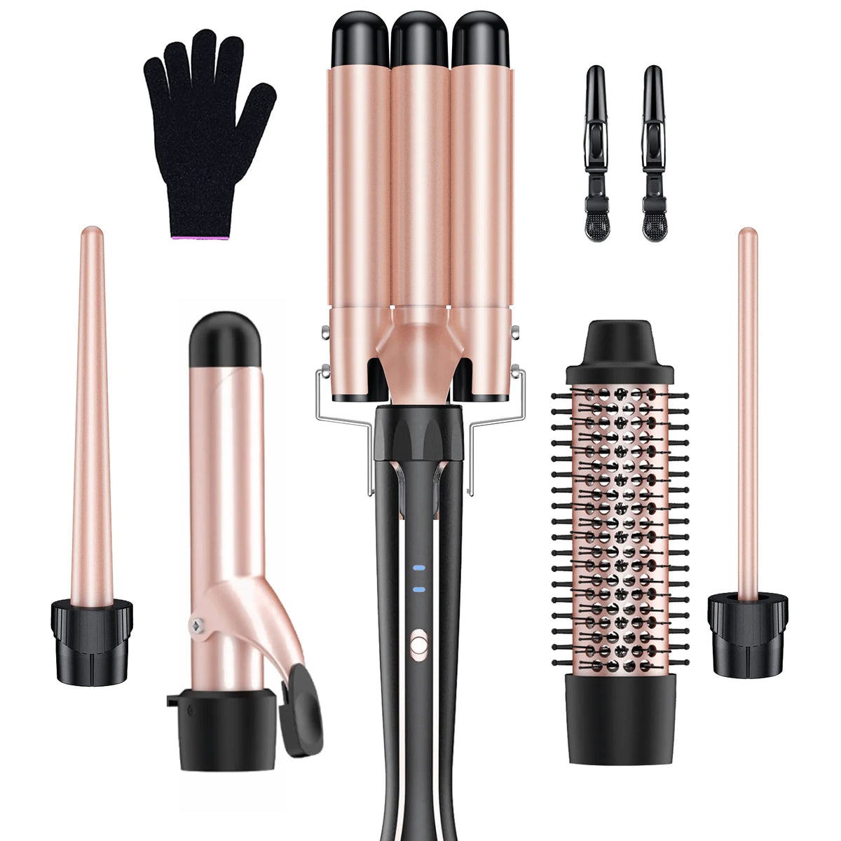 5 in 1 Curling Iron Set with Curling Brush, 0.35”-1.25” Hair Curler Wand for Hairstyle and Heat Resistant Gloves and Hair Clips