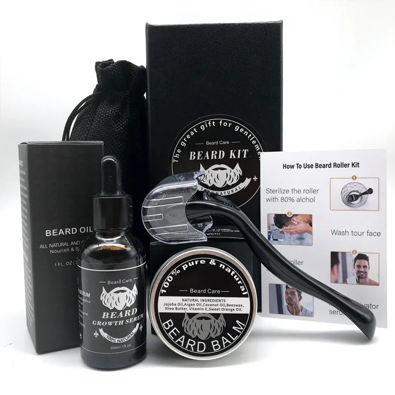 Beard Care Set Beard Serum Oil Balm Beard Comb Bristle Brush Scissors Beard Oil Beard Growth Set Men Beard Care Kit roller micro