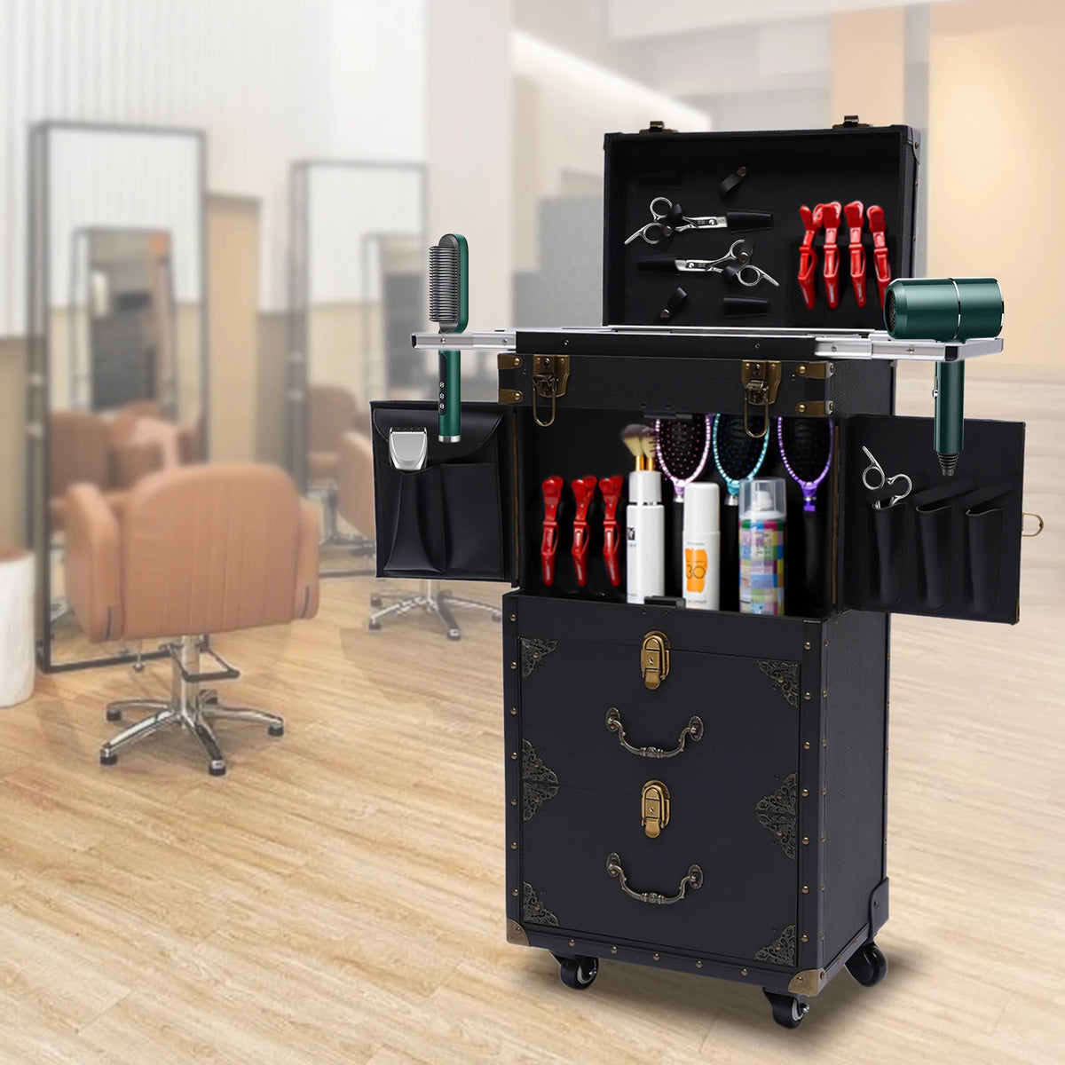 Rolling Train Case Hairdressing Trolley Stylist Beauty Salon Cosmetic Luggage Travel Organizer Tool Box