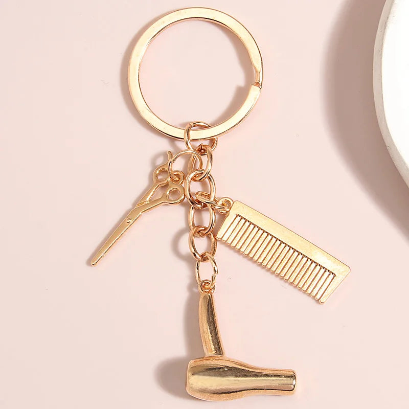 Alloy Comb Scissors Hair Dryer Keychain Sliver Gold Color Key Ring For Women Men Barber Friends Good Gift Handmade Jewelry Set