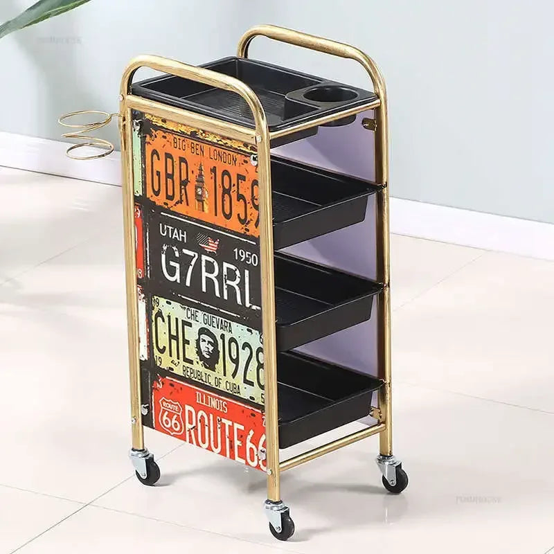 Retro Iron Salon Trolleys Nordic Beauty Salon Drawers Cart With Wheels Creative Hair Salon Perm And Dye Tool Cart