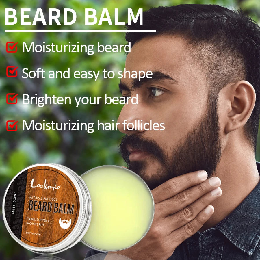 Men Beard Balm Kit Whisker Moisturizing Cream for Promoting Hair Growth Beards Wax for Groomed Charming Beard Styling Tools 4pcs