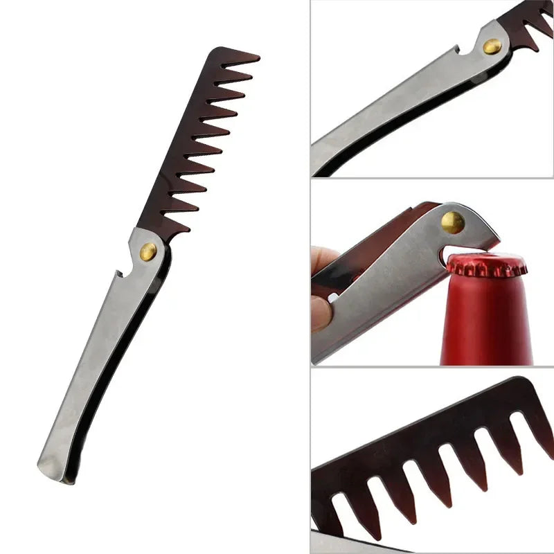 Oil Head Comb Barber Stainless Steel Handle Folding Wide Teeth Men Comb Hairdressing Hair Modeling Styling Comb Portable Vintage