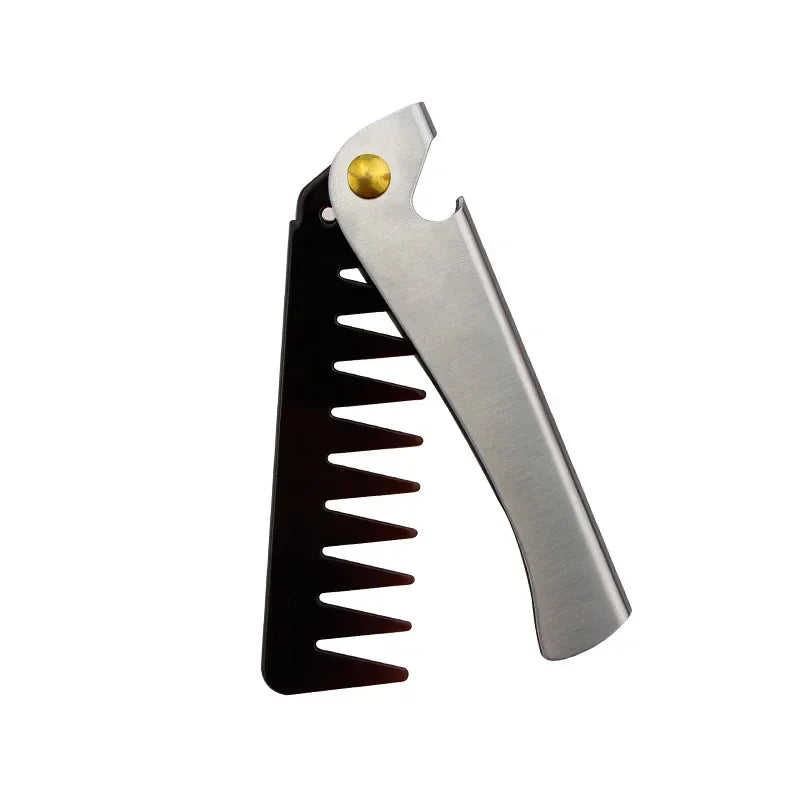 Oil Head Comb Barber Stainless Steel Handle Folding Wide Teeth Men Comb Hairdressing Hair Modeling Styling Comb Portable Vintage