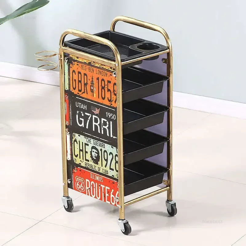 Retro Iron Salon Trolleys Nordic Beauty Salon Drawers Cart With Wheels Creative Hair Salon Perm And Dye Tool Cart