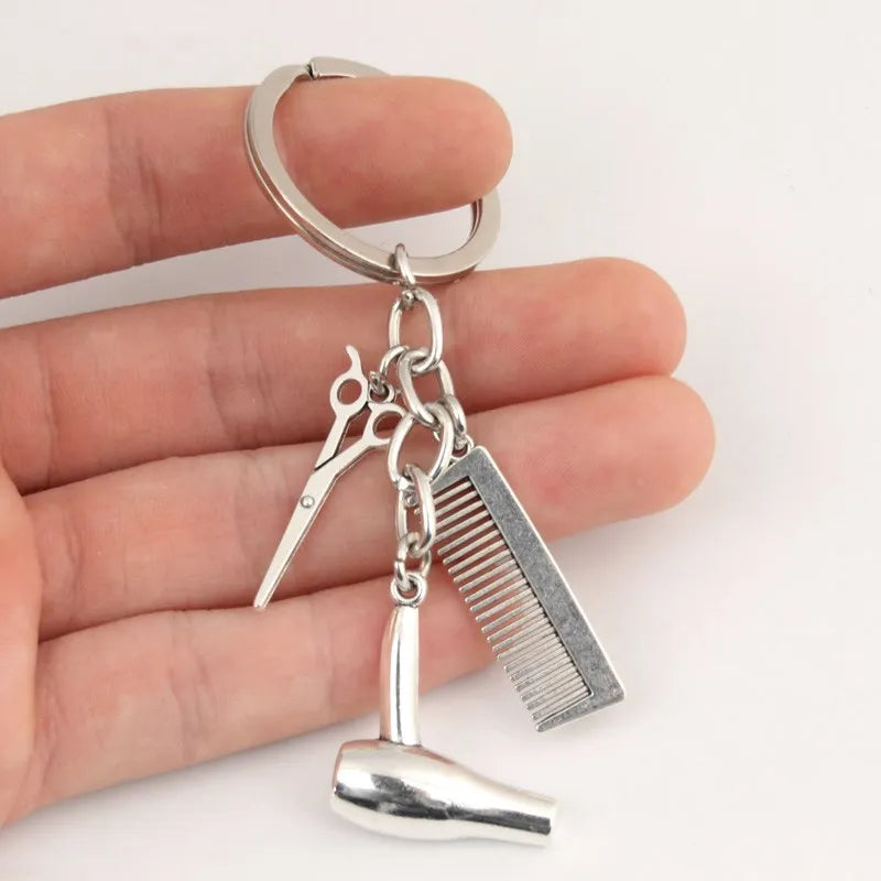 Alloy Comb Scissors Hair Dryer Keychain Sliver Gold Color Key Ring For Women Men Barber Friends Good Gift Handmade Jewelry Set