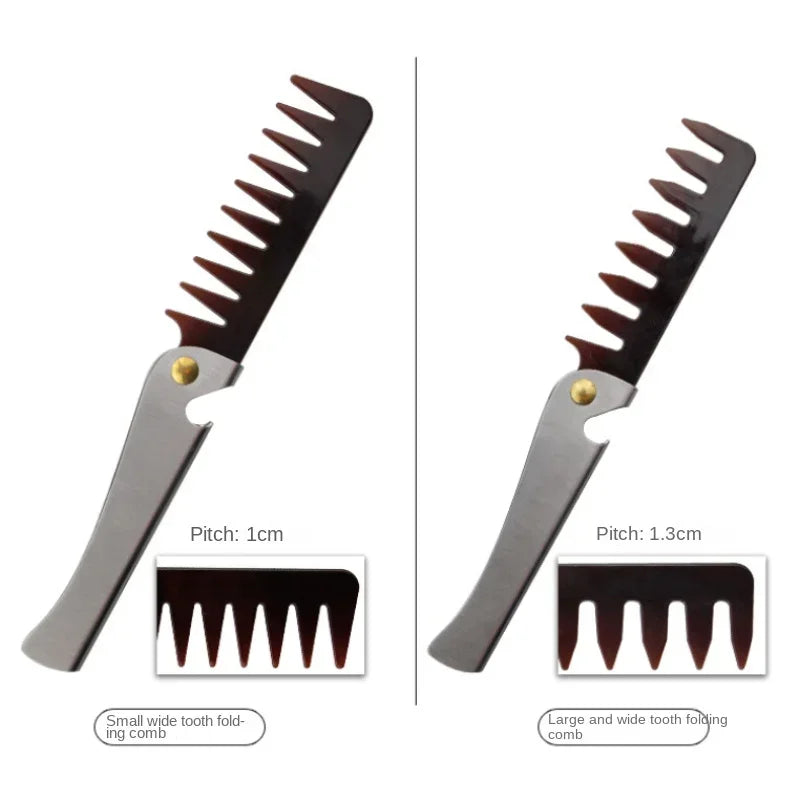 Oil Head Comb Barber Stainless Steel Handle Folding Wide Teeth Men Comb Hairdressing Hair Modeling Styling Comb Portable Vintage
