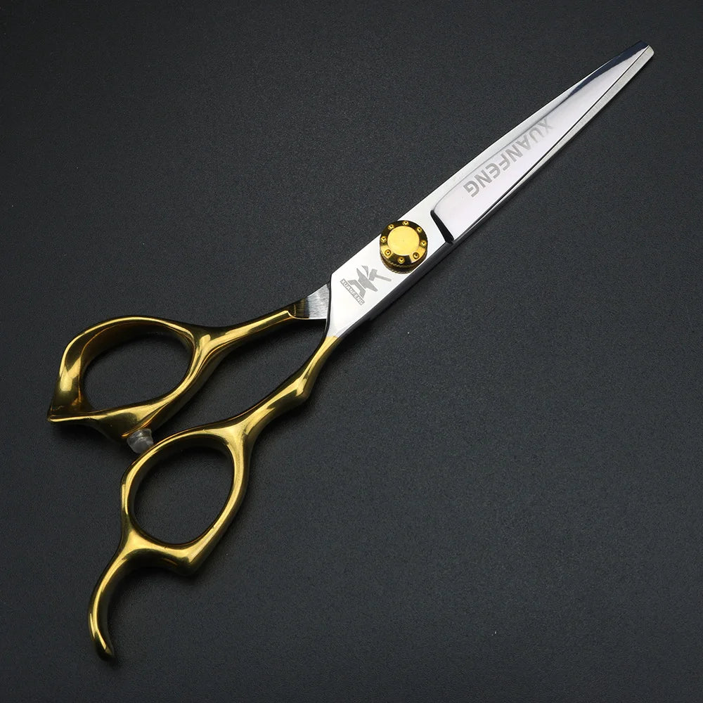 XUANFENG Gold Handle Hair Scissors 9cr18 Steel Gold Screws 6-inch Barber Cutting Scissors and Thinning Scissors Set