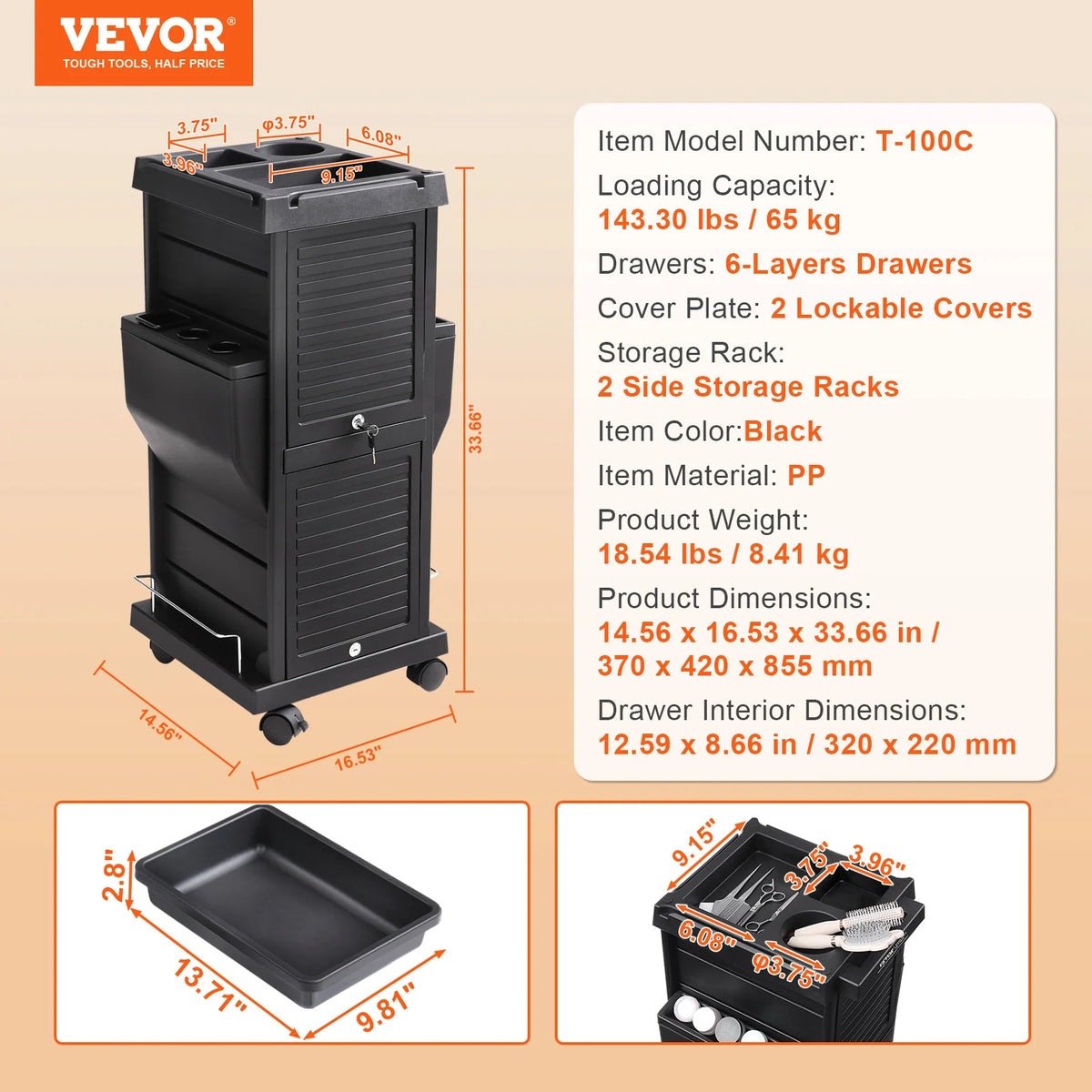 VEVOR Ultimate Salon Trolley Cart for Stylist with 6 Removable Drawers & Tool Holder and Lockable Wheels for Beauty SPA Barber