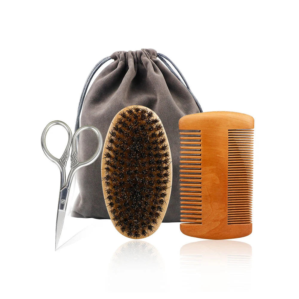 Professional Barber Men Shaving Brush Comb Kits Wood Soft Boar Bristle Beard Brush Mustache Comb Kit With Gift Bag Hair Comb Set