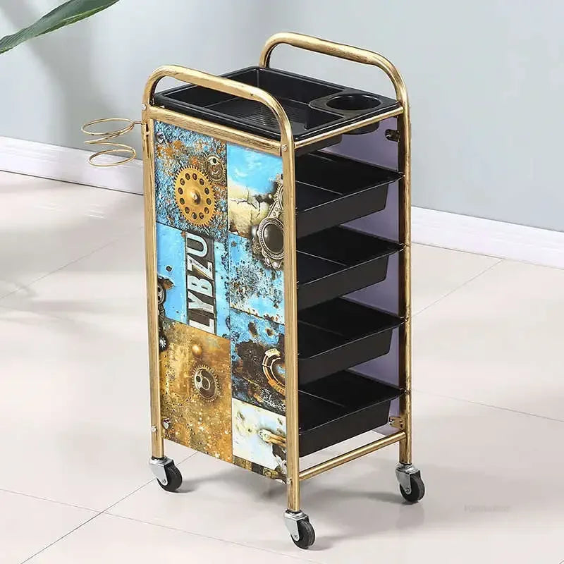Retro Iron Salon Trolleys Nordic Beauty Salon Drawers Cart With Wheels Creative Hair Salon Perm And Dye Tool Cart