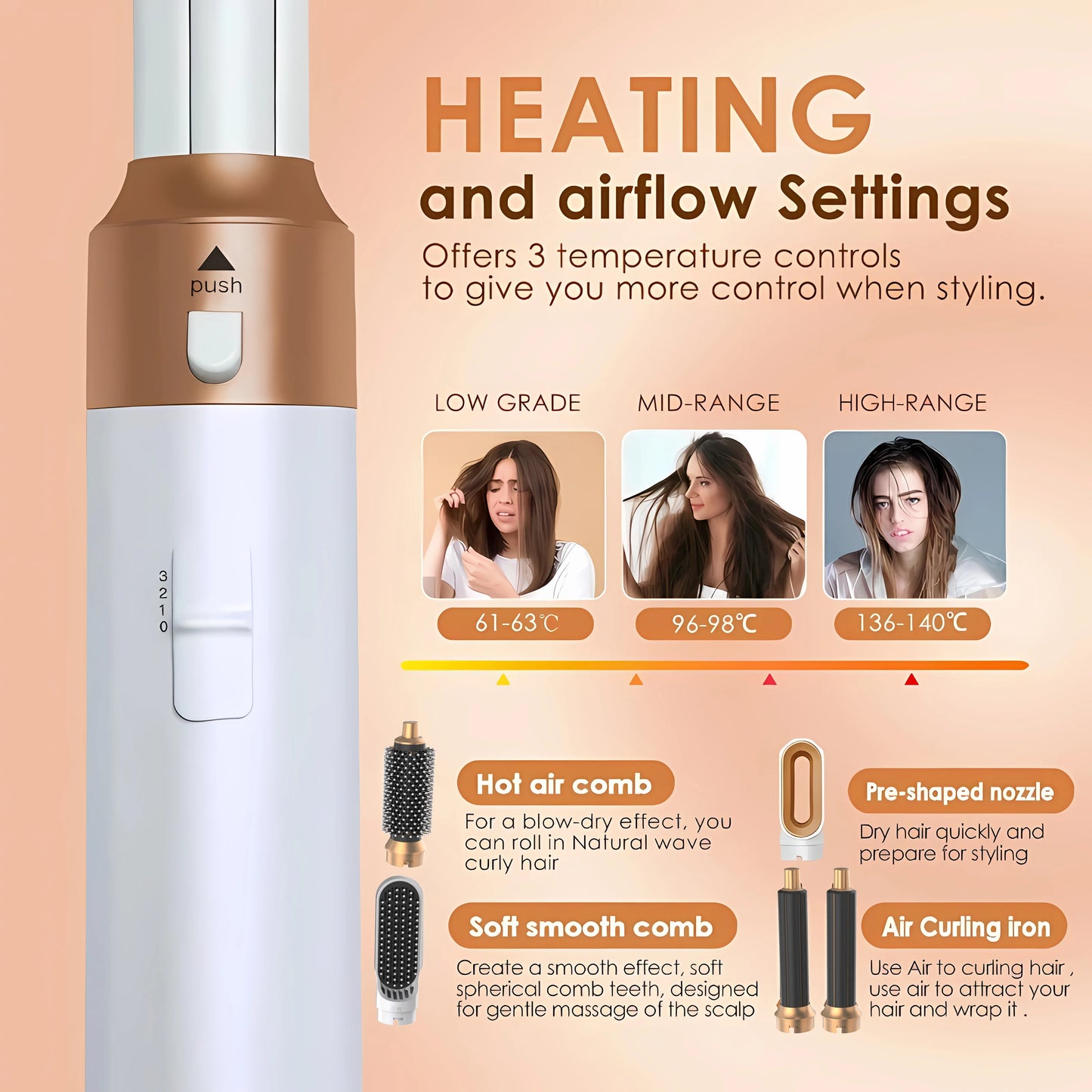 Low Noise Hair Styler Hair Curling Straightening Drying Hot Air Brushes Hot Comb Set Styling Tool 5 in 1 Airwrap