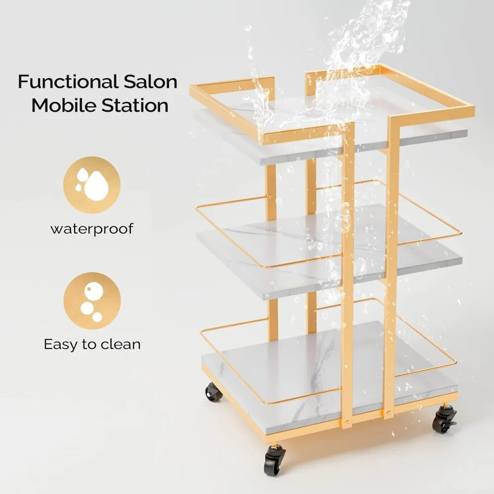Esthetician Cart with Wheels Utility Salon Rolling Trolley, Gold Mobile Storage Organizer for Beauty Spa Cosmetology Massage