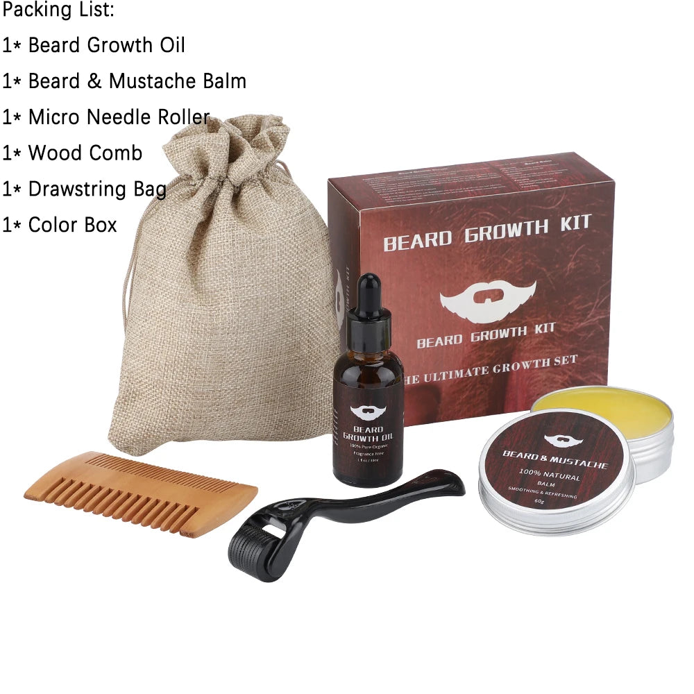 Beard Growth Kit Barber Hair Growth Enhancer Set Oil Serum Nourishing Essential Facial Care Kit Men Titanium Roller Balm Comb