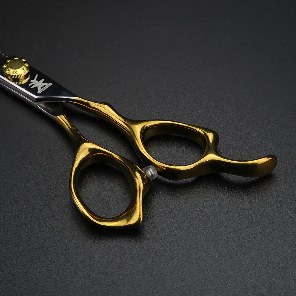 XUANFENG Gold Handle Hair Scissors 9cr18 Steel Gold Screws 6-inch Barber Cutting Scissors and Thinning Scissors Set