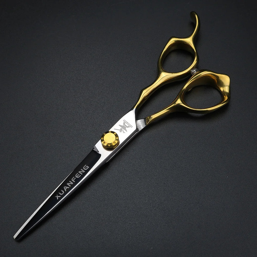 XUANFENG Gold Handle Hair Scissors 9cr18 Steel Gold Screws 6-inch Barber Cutting Scissors and Thinning Scissors Set
