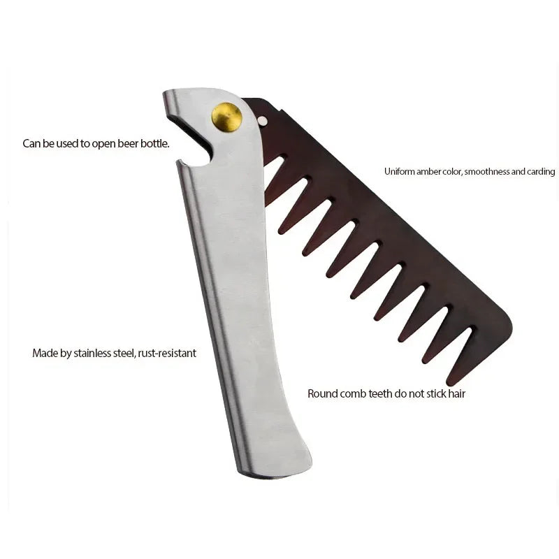 Oil Head Comb Barber Stainless Steel Handle Folding Wide Teeth Men Comb Hairdressing Hair Modeling Styling Comb Portable Vintage