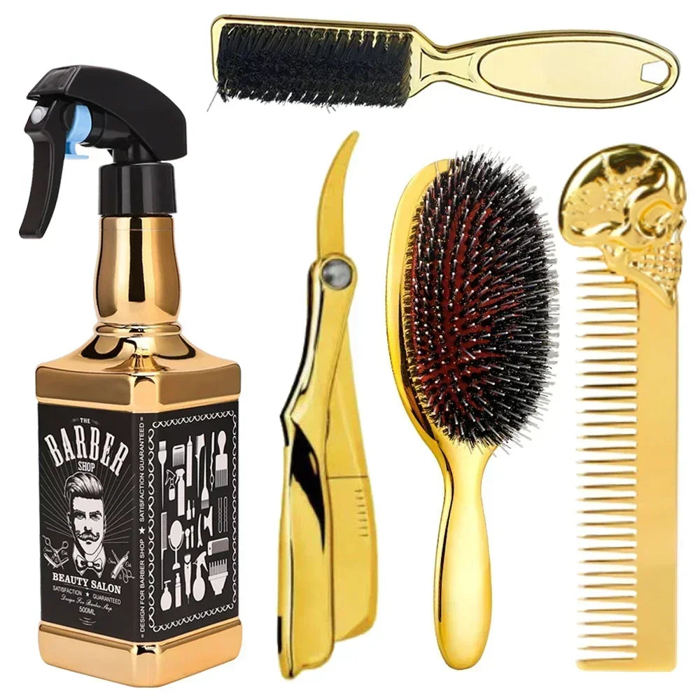 Professional Hairdressing Styling Tools Set Gold Barber Spary bottle 6 Inch Haircut Men Manual Shaver Salon Hair Cleaning Brush