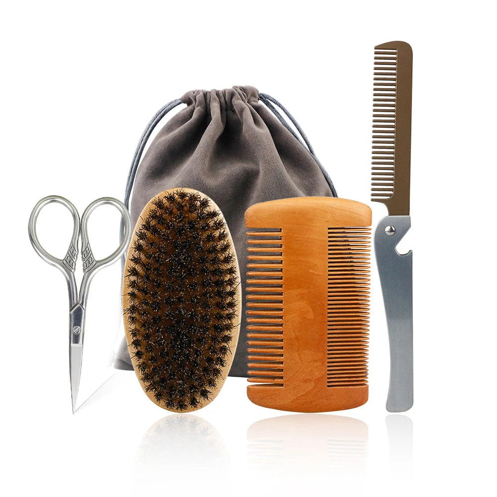 Professional Barber Men Shaving Brush Comb Kits Wood Soft Boar Bristle Beard Brush Mustache Comb Kit With Gift Bag Hair Comb Set
