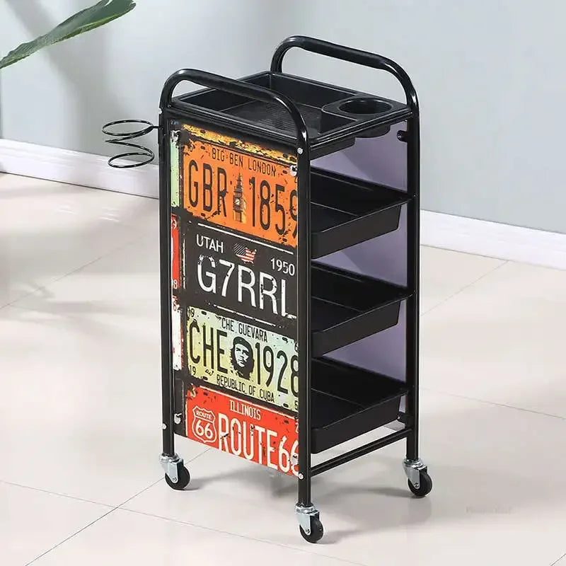 Retro Iron Salon Trolleys Nordic Beauty Salon Drawers Cart With Wheels Creative Hair Salon Perm And Dye Tool Cart