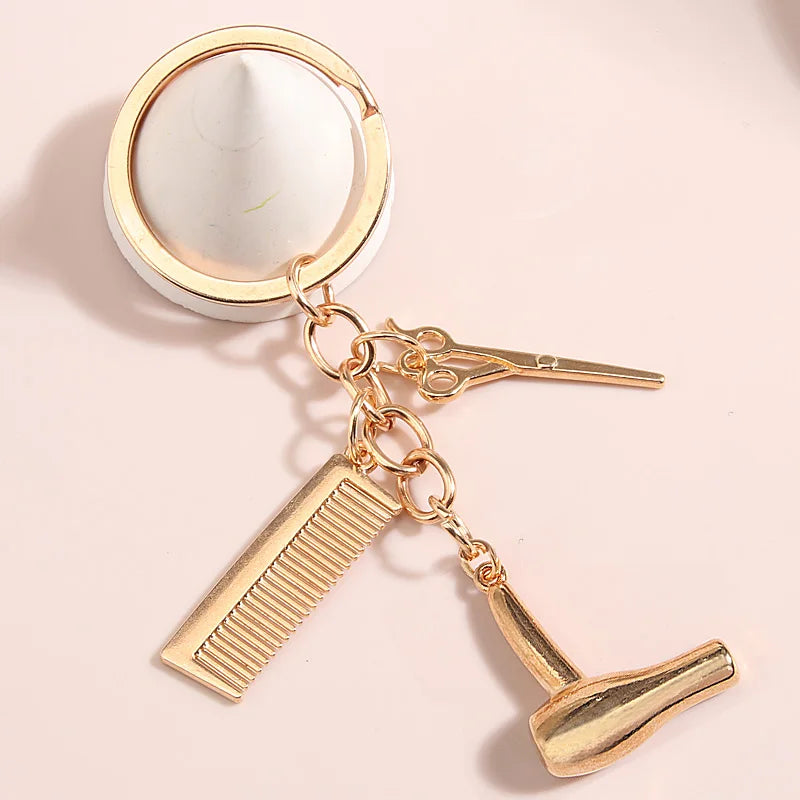 Alloy Comb Scissors Hair Dryer Keychain Sliver Gold Color Key Ring For Women Men Barber Friends Good Gift Handmade Jewelry Set